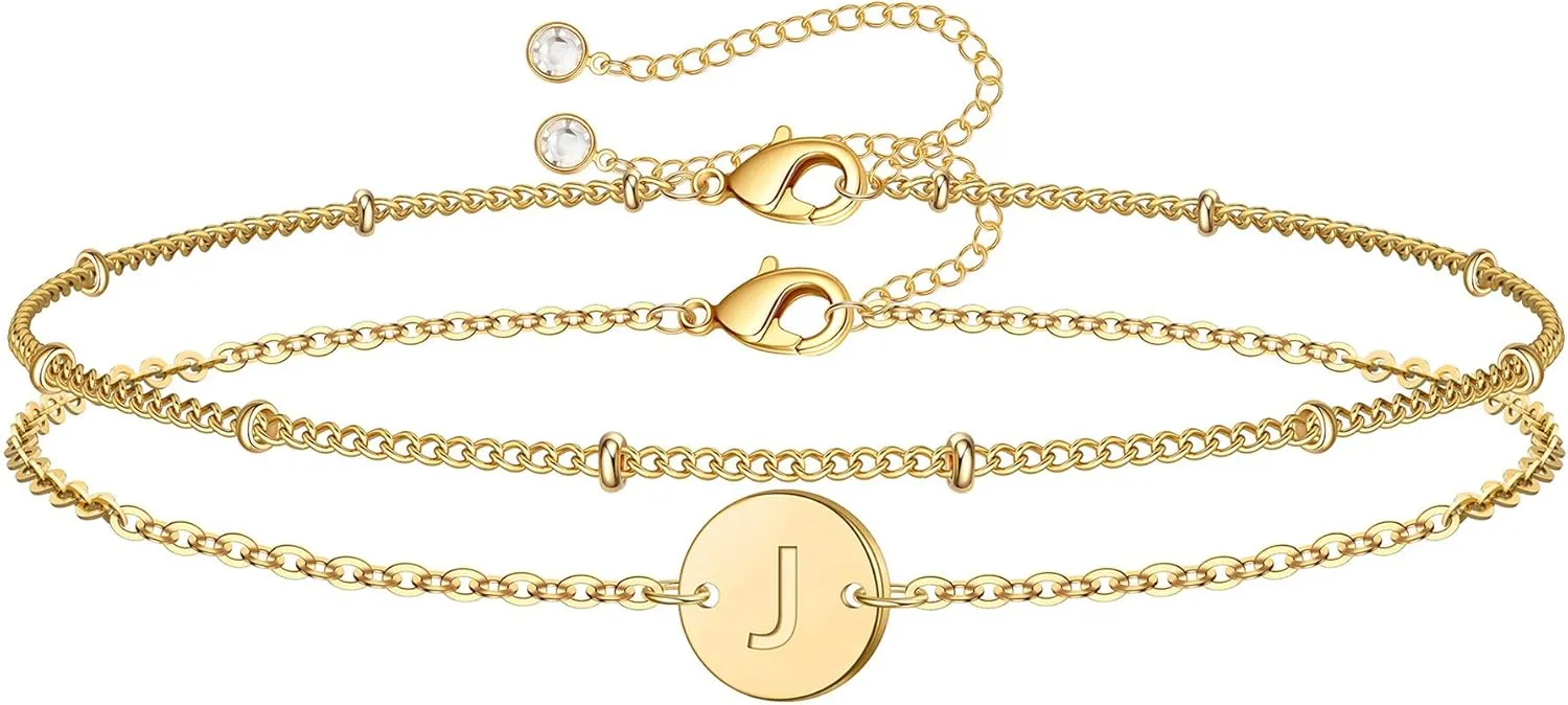 MONOZO Gold Initial Bracelets for Women Mothers Day Gifts, Dainty 14K Gold Plated Layered Beaded Letter Initial Bracelet Personalized 26 Alphabet Disc Monogram Charm Bracelet Mothers Day Gifts for Mom