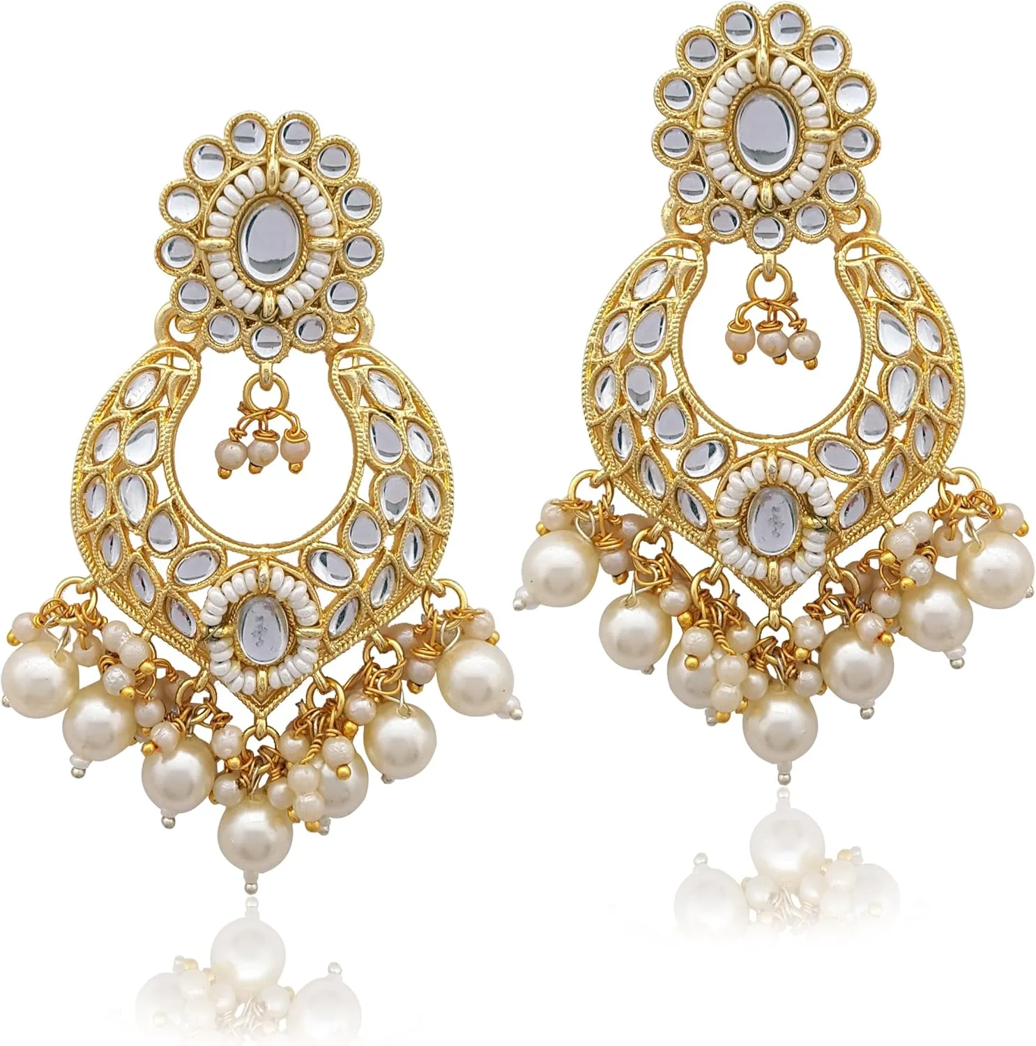Moonstruck Traditional Indian Golden/Gold Chandbali/Bali Dangle Earrings with Kundan & Pearls for Women