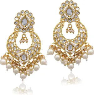 Moonstruck Traditional Indian Golden/Gold Chandbali/Bali Dangle Earrings with Kundan & Pearls for Women