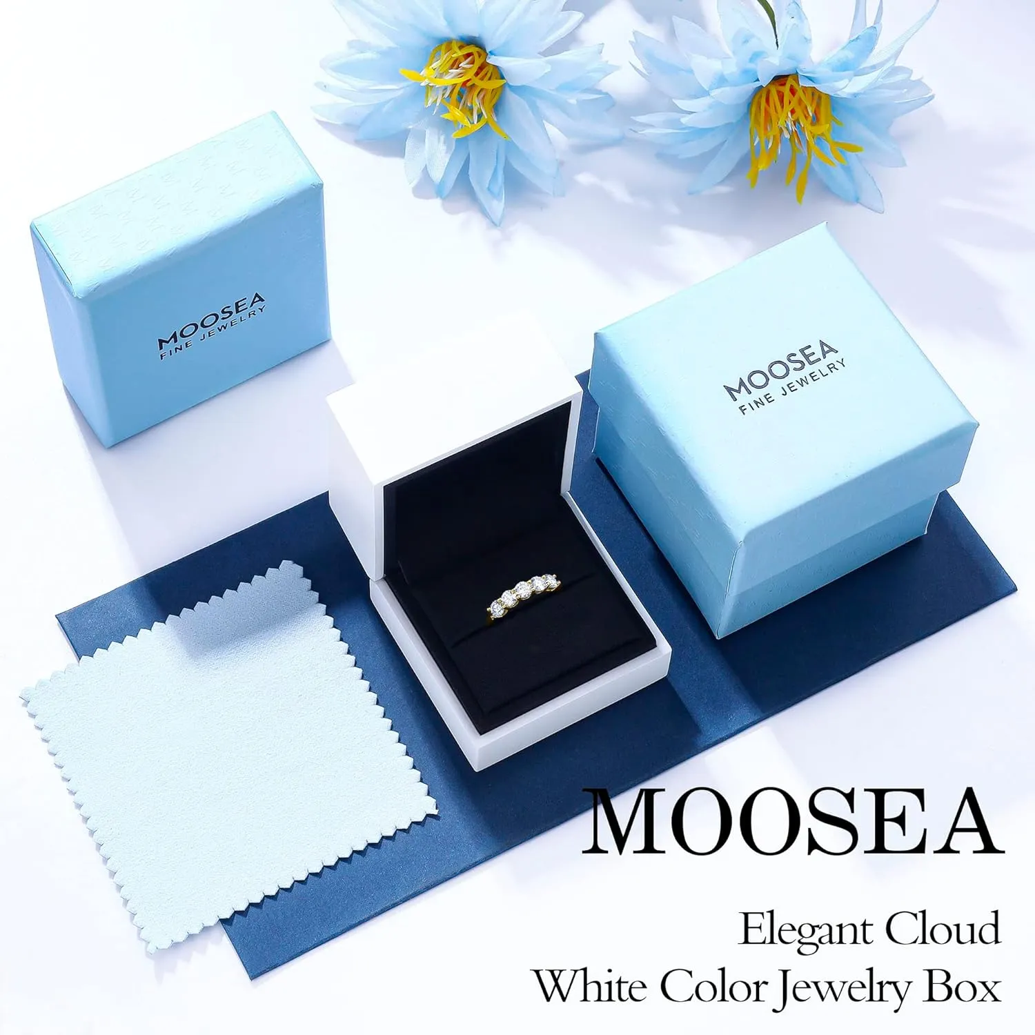 MOOSEA Valentines Day Gifts for Her 5 Stone Moissanite Rings for Women, 4MM D Color VVS1 Clarity Lab Created Moissanite Anniversary Rings 14K White Gold Vermeil 5 Stone Moissanite Wedding Bands