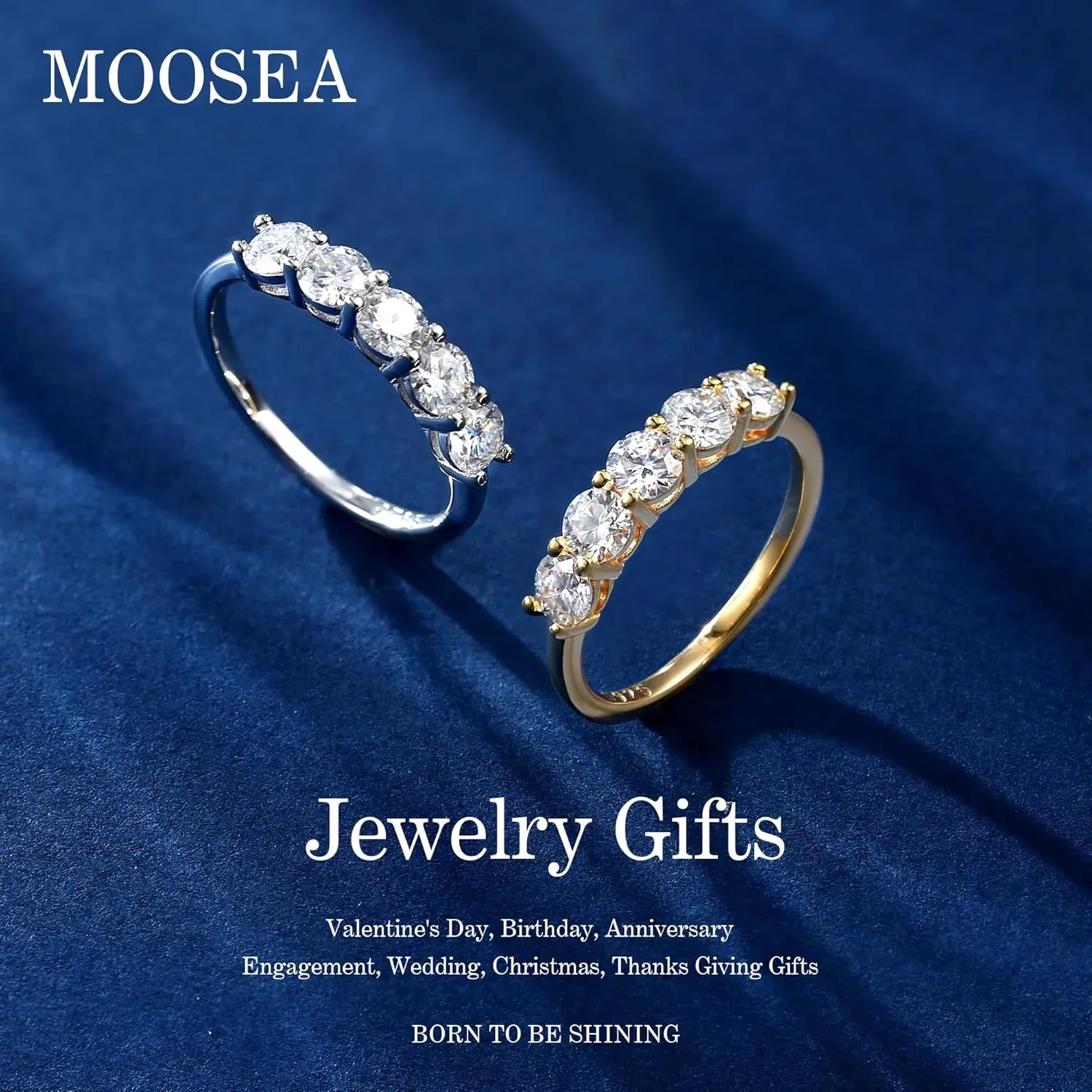 MOOSEA Valentines Day Gifts for Her 5 Stone Moissanite Rings for Women, 4MM D Color VVS1 Clarity Lab Created Moissanite Anniversary Rings 14K White Gold Vermeil 5 Stone Moissanite Wedding Bands
