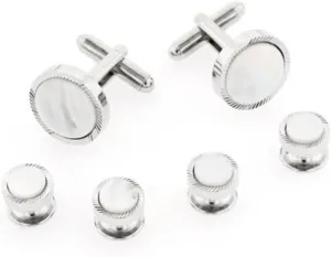 Mother of Pearl Formal Tuxedo Cufflinks and Studs Set in Etched Silver