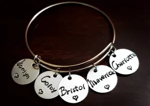 Mothers day christmas engraved Silver Bangle grandmother Gift Bracelet Name favor Personalized Charm Custom Birthday Personalized Handstamped Handmade Customized kid mom I love you kids children