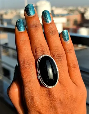 Natural Black Onyx Ring| Oval Stone Ring| Handmade Ring| Split Band Ring| Boho Ring| Statement Ring| Cabochon Ring| Black Gemstone Ring| Big Stone Ring| Trending Ring| Black Onyx Jewelry