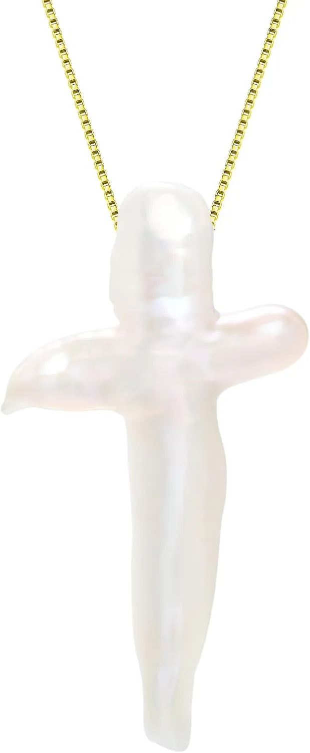 Natural Chunky White Baroque Freshwater Pearls Cross Necklace, with Detachable Shiny Thin Boxes Chain 925 Sterling Silver (Each Appearance Is Unique)