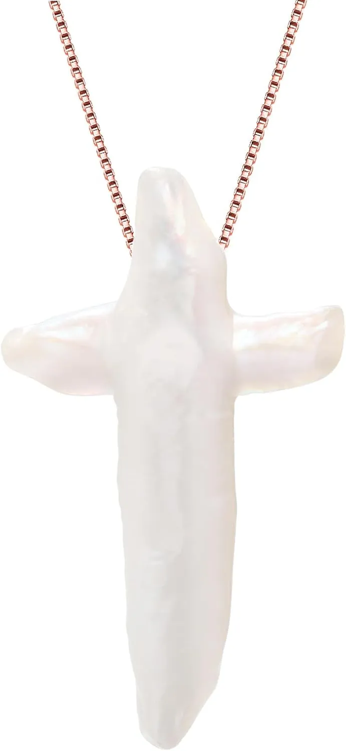 Natural Chunky White Baroque Freshwater Pearls Cross Necklace, with Detachable Shiny Thin Boxes Chain 925 Sterling Silver (Each Appearance Is Unique)