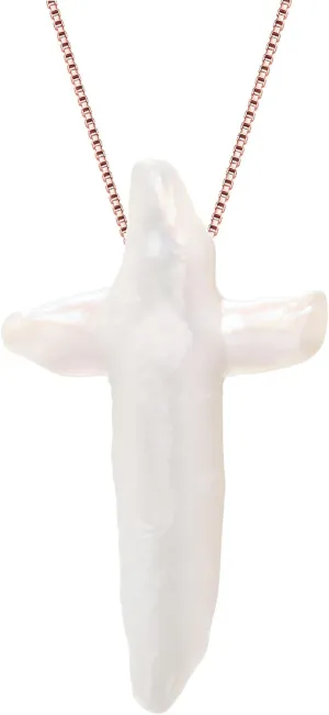Natural Chunky White Baroque Freshwater Pearls Cross Necklace, with Detachable Shiny Thin Boxes Chain 925 Sterling Silver (Each Appearance Is Unique)