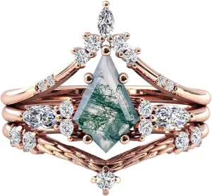 Natural Moss Agate Rings for Women Kite Cut Sterling Silver Moss Agate Ring for Women Wife, Optional 4 Colors (Rose/Yellow/White/Black), Ring Size 4-11