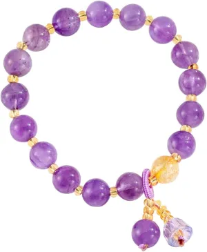 Natural Purple Crystal Buddha Bracelets Prayer Beaded Feng Shui Bracelet Flower Pendant Stretch for Women Men Lucky Amulet Charm Protection Jewelry
