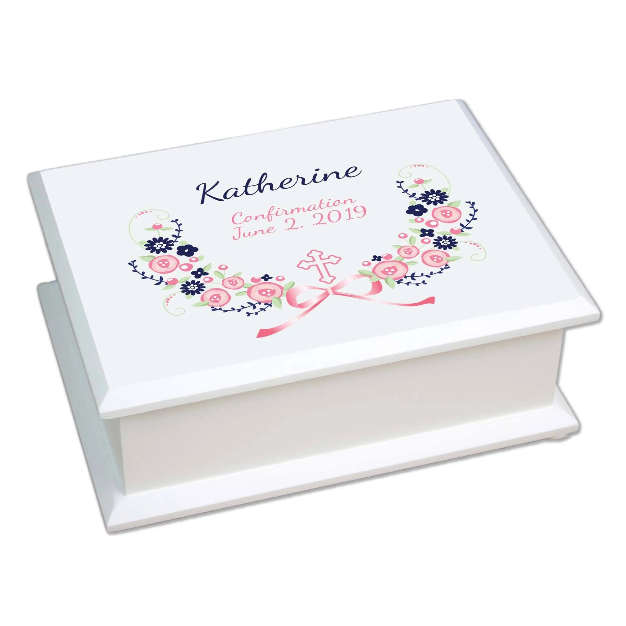Navy Pink Floral Cross Lift Top Jewelry Box