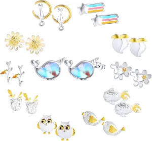 NEWITIN 11 Pairs 925 Sterling Silver Stud Earrings for Women Hypoallergenic Studs Unicorn Earring Animals Earring Cute Small Stud Earrings for Women