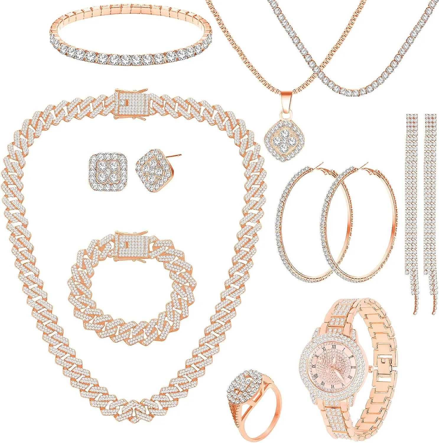NEWITIN 13 Pieces Silver Jewelry Set for Women Stainless Steel Cuban Link Necklaces Bracelets Earrings Watch Ring Bling Cubic Zirconia Cuban Jewelry Set for Women Men