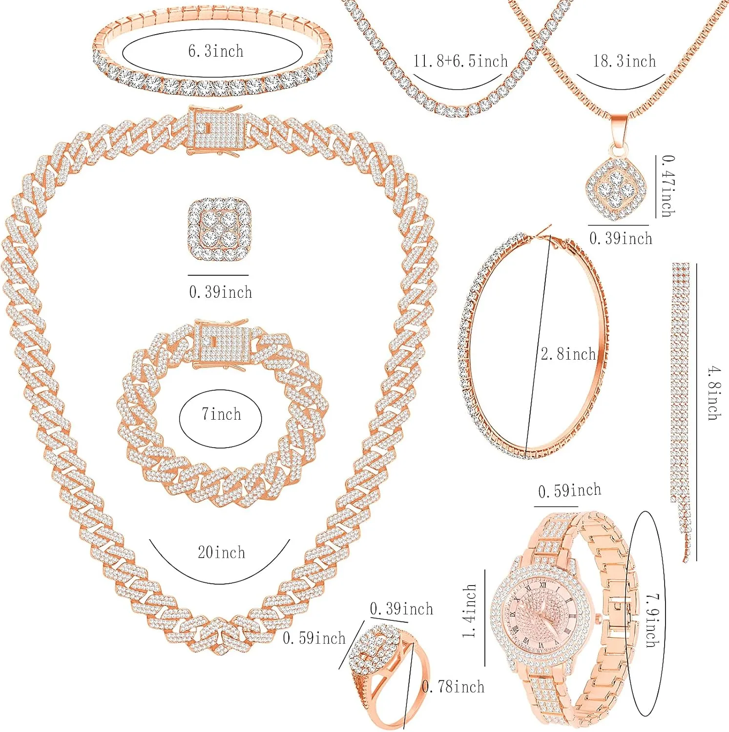 NEWITIN 13 Pieces Silver Jewelry Set for Women Stainless Steel Cuban Link Necklaces Bracelets Earrings Watch Ring Bling Cubic Zirconia Cuban Jewelry Set for Women Men