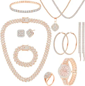 NEWITIN 13 Pieces Silver Jewelry Set for Women Stainless Steel Cuban Link Necklaces Bracelets Earrings Watch Ring Bling Cubic Zirconia Cuban Jewelry Set for Women Men