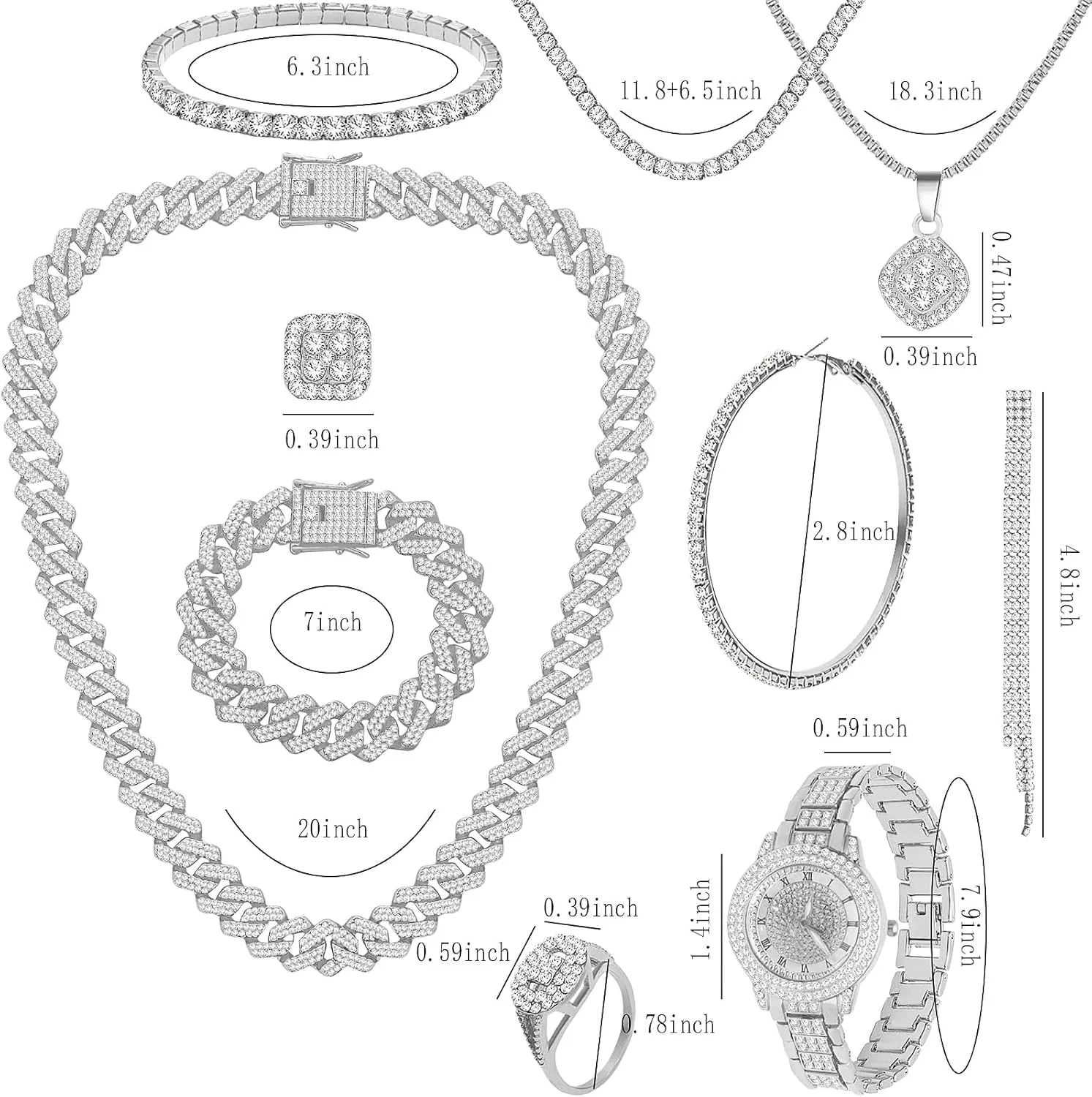 NEWITIN 13 Pieces Silver Jewelry Set for Women Stainless Steel Cuban Link Necklaces Bracelets Earrings Watch Ring Bling Cubic Zirconia Cuban Jewelry Set for Women Men