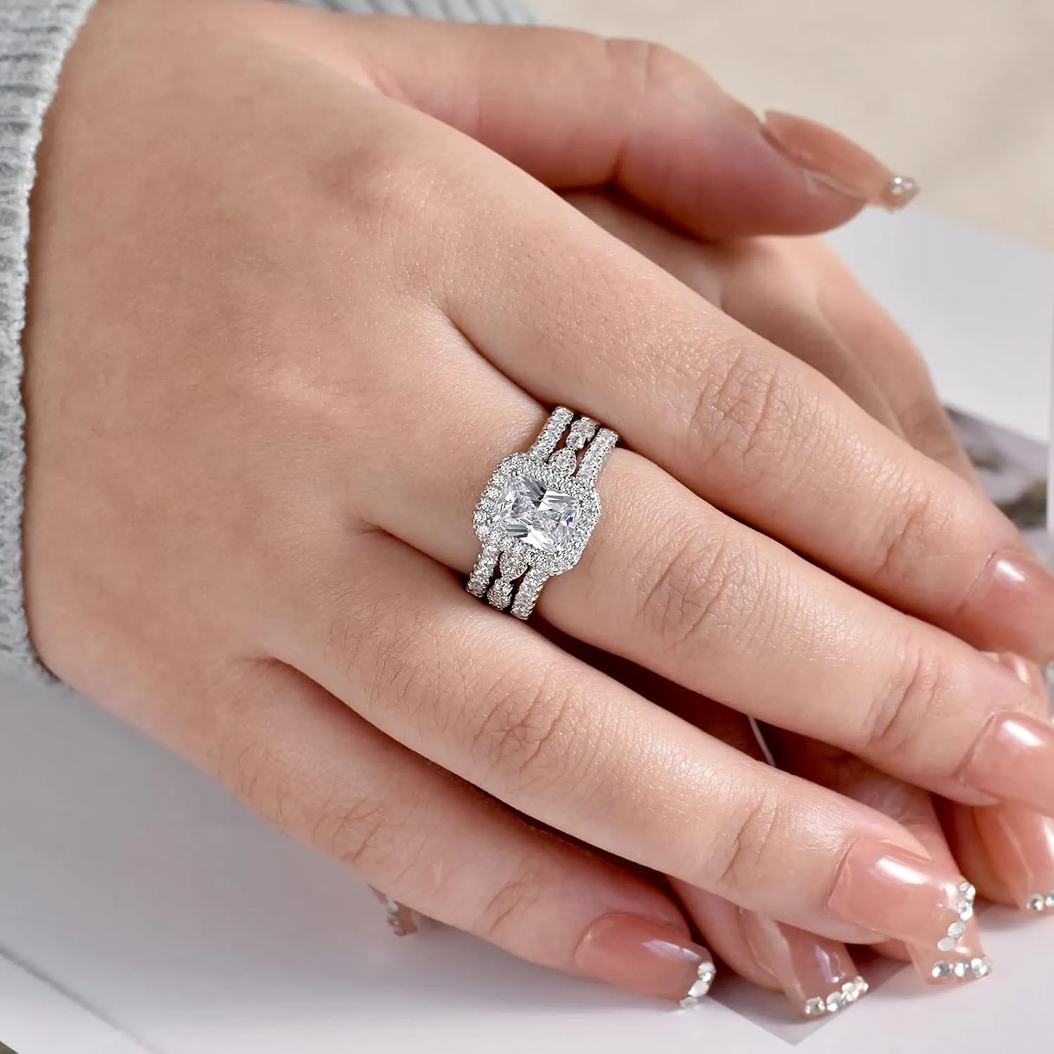 Newshe Jewellery 2.78Ct Wedding Band Bridal Ring Enhancer Engagement Ring Set for Women 925 Sterling Silver Radiant White Gold 5A Cz Size 5-10