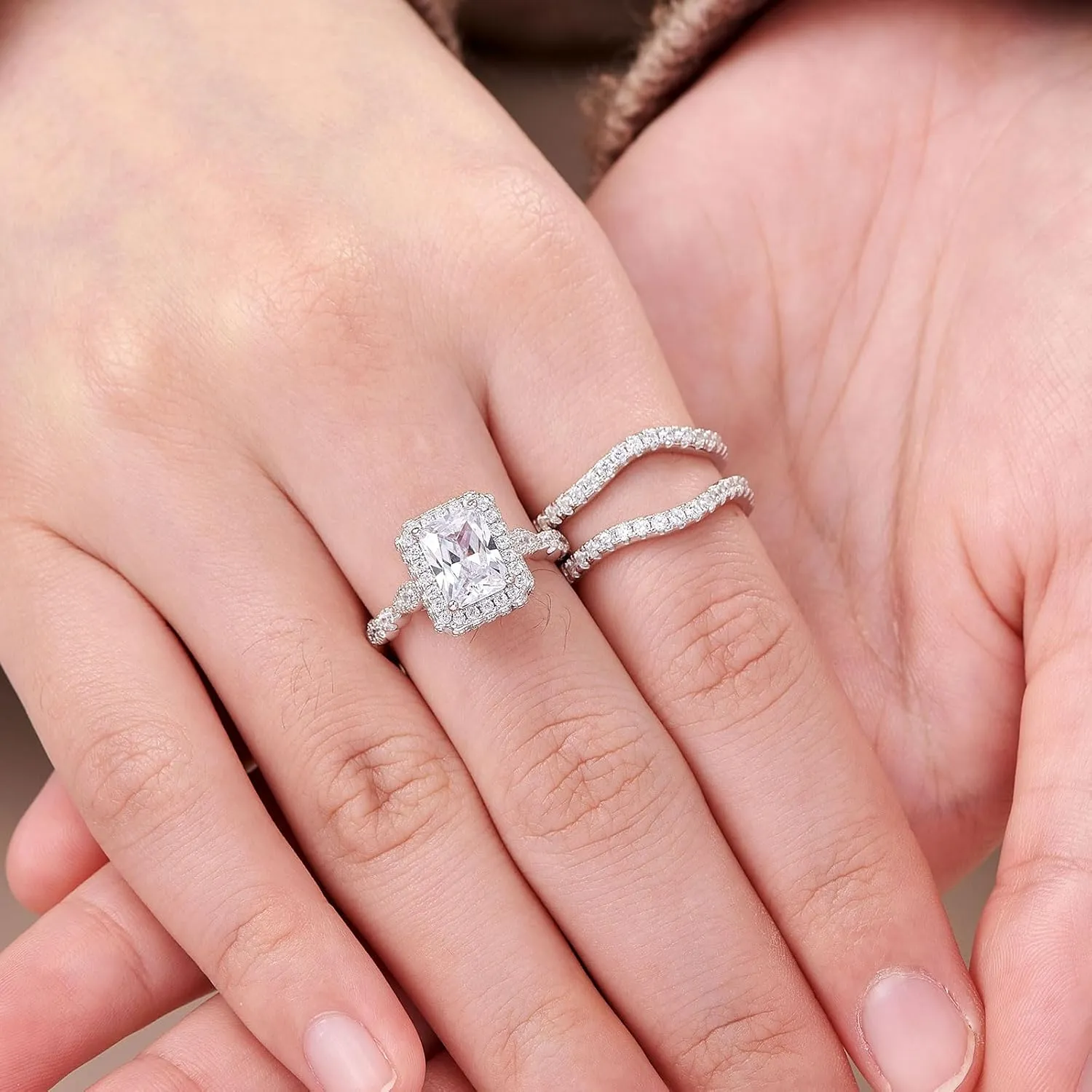 Newshe Jewellery 2.78Ct Wedding Band Bridal Ring Enhancer Engagement Ring Set for Women 925 Sterling Silver Radiant White Gold 5A Cz Size 5-10