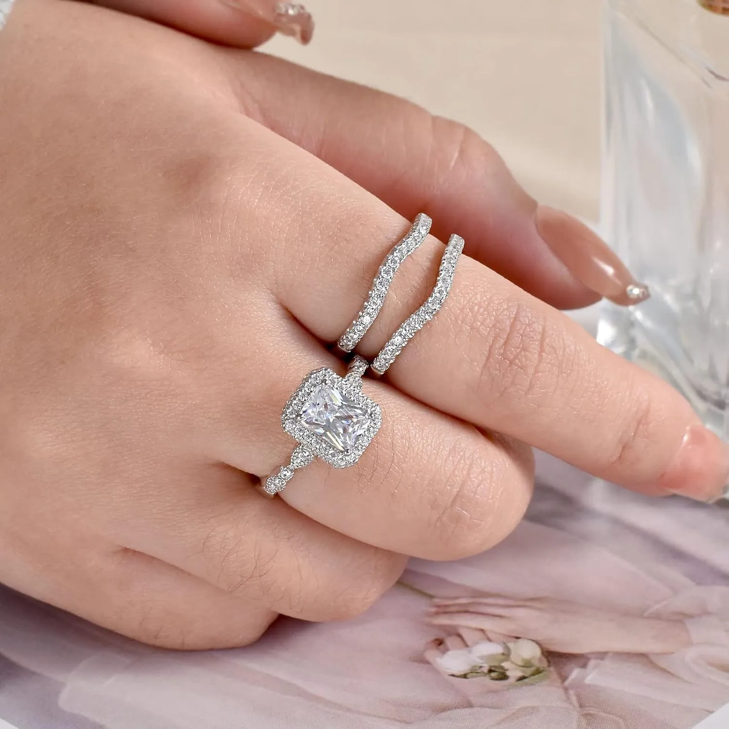 Newshe Jewellery 2.78Ct Wedding Band Bridal Ring Enhancer Engagement Ring Set for Women 925 Sterling Silver Radiant White Gold 5A Cz Size 5-10