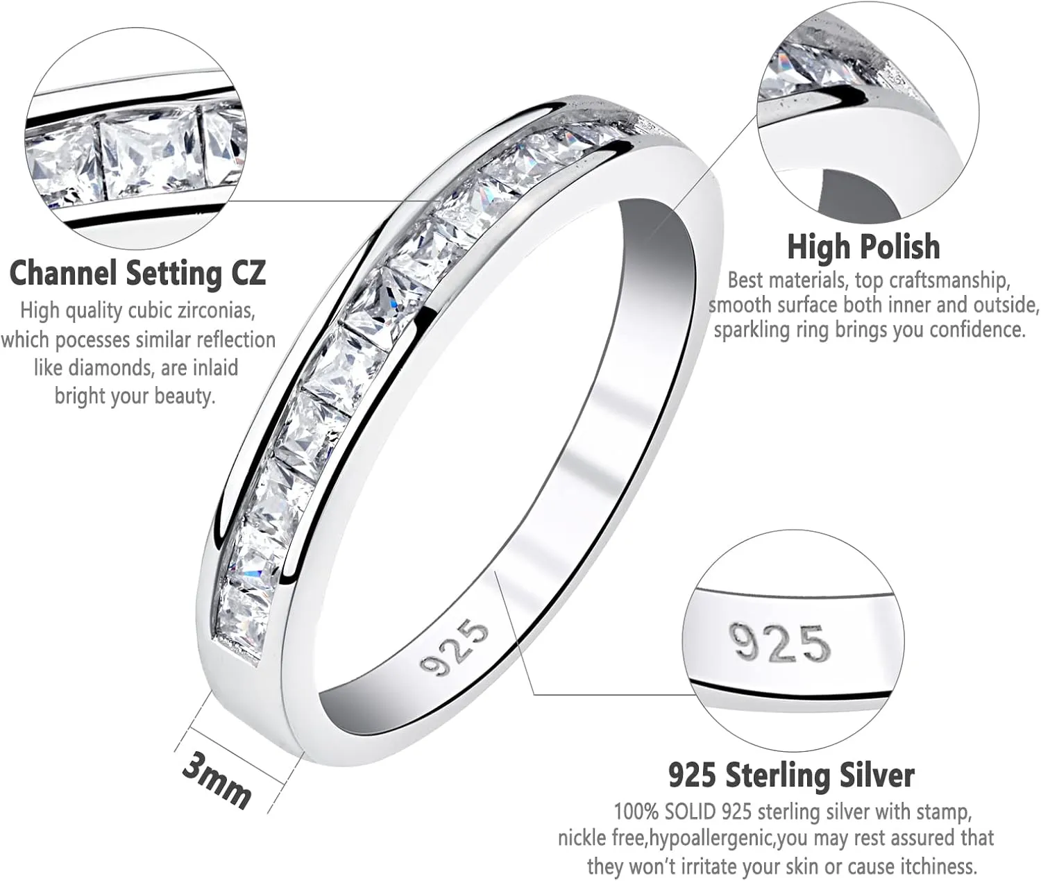 Newshe Jewellery Wedding Bands Eternity Rings for Women AAAAA Cubic Zirconia Princess 925 Sterling Silver Size 5-10