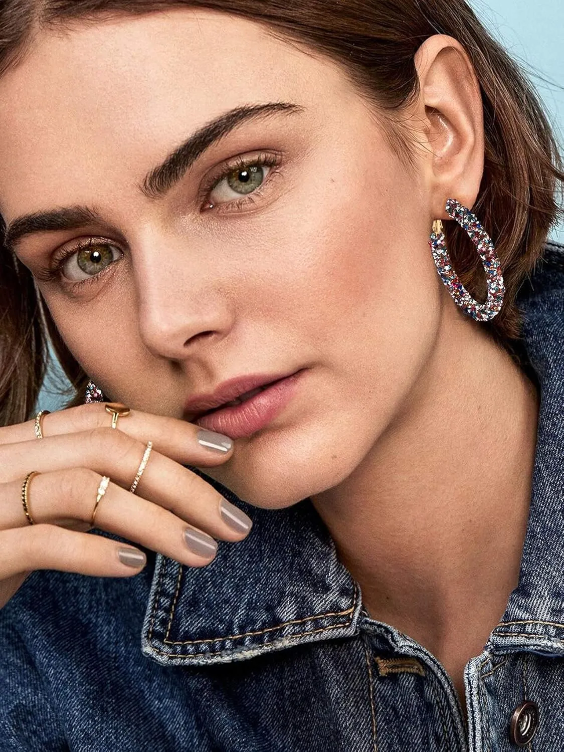 NLCAC Glitter Hoop Earrings Bohemian Sparkle Resin Rhinestone Wrapped Hoop Dangle Earrings for Women
