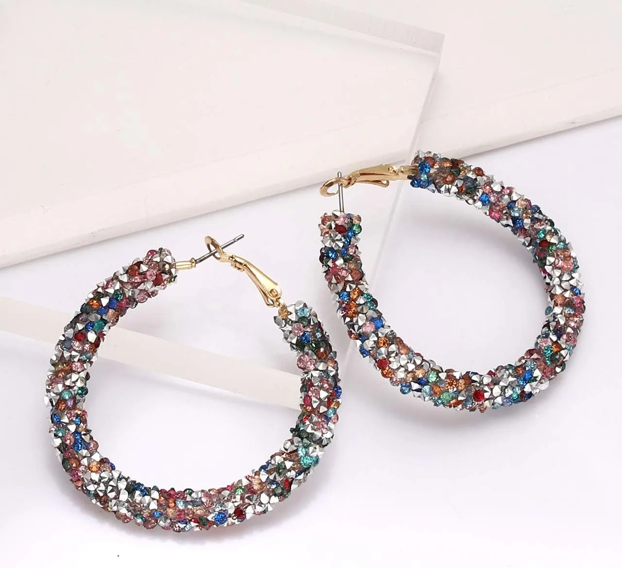 NLCAC Glitter Hoop Earrings Bohemian Sparkle Resin Rhinestone Wrapped Hoop Dangle Earrings for Women