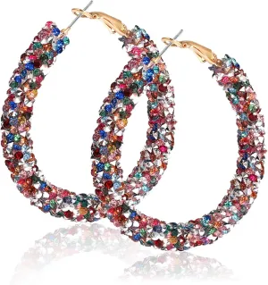 NLCAC Glitter Hoop Earrings Bohemian Sparkle Resin Rhinestone Wrapped Hoop Dangle Earrings for Women