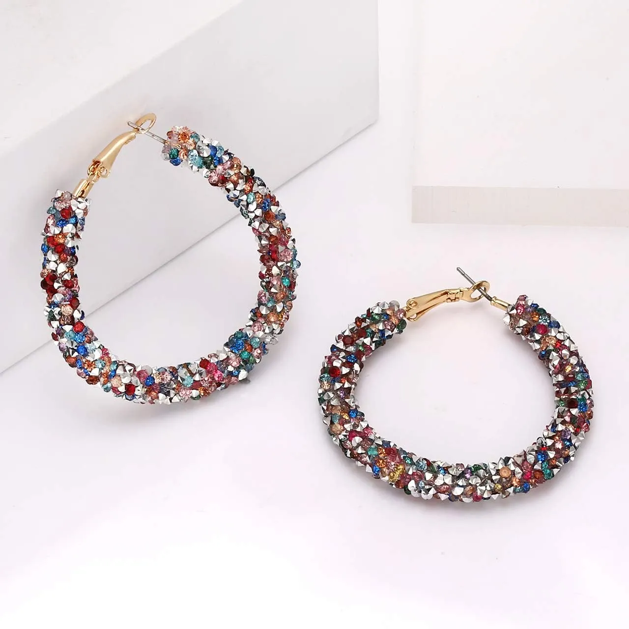 NLCAC Glitter Hoop Earrings Bohemian Sparkle Resin Rhinestone Wrapped Hoop Dangle Earrings for Women