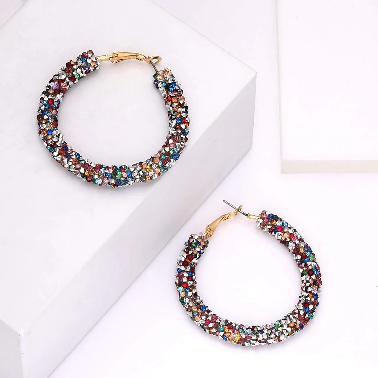 NLCAC Glitter Hoop Earrings Bohemian Sparkle Resin Rhinestone Wrapped Hoop Dangle Earrings for Women