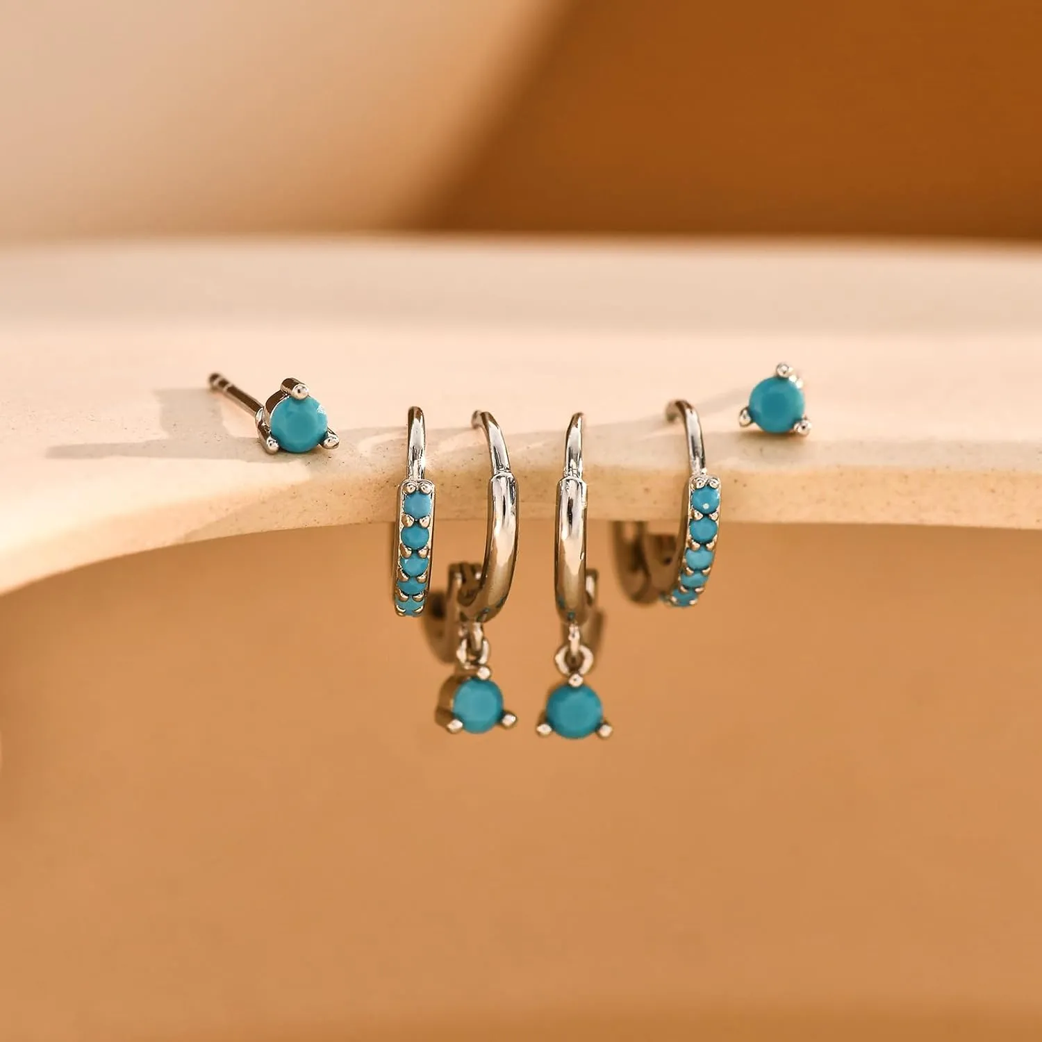 NOKMIT 3 Pairs Mini Hoop Earrings Set Turquoise Cubic Zirconia Huggie Hoop Cartilage Earring Ear Cuff for Women (Turquoise/CZ)