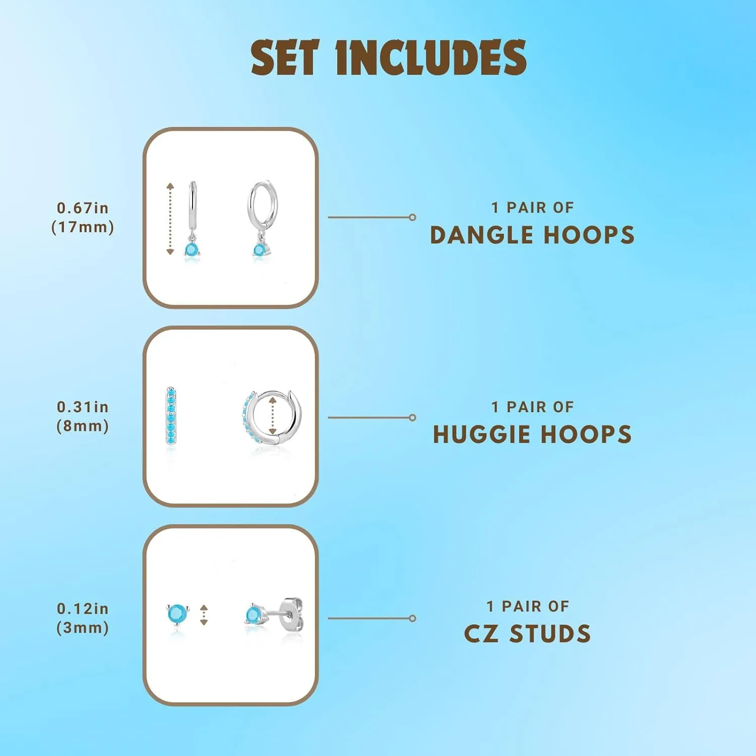 NOKMIT 3 Pairs Mini Hoop Earrings Set Turquoise Cubic Zirconia Huggie Hoop Cartilage Earring Ear Cuff for Women (Turquoise/CZ)
