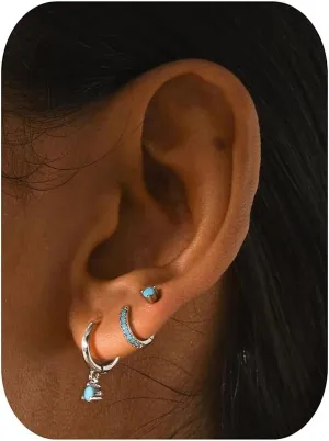 NOKMIT 3 Pairs Mini Hoop Earrings Set Turquoise Cubic Zirconia Huggie Hoop Cartilage Earring Ear Cuff for Women (Turquoise/CZ)