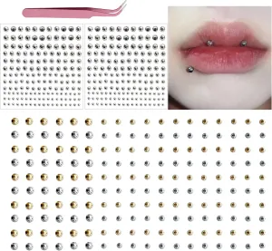 Non-Piercing Lip Studs Stickers | 3D Metallic Lip Tattoo Stickers | Self-Adhesive Face Gems for Lips/Nose/Brow/Belly | Waterproof Temporary TattoosFake Body Jewelry Silver & Gold (3/4/5/6mm) Punk Y2K Makeup Accessories