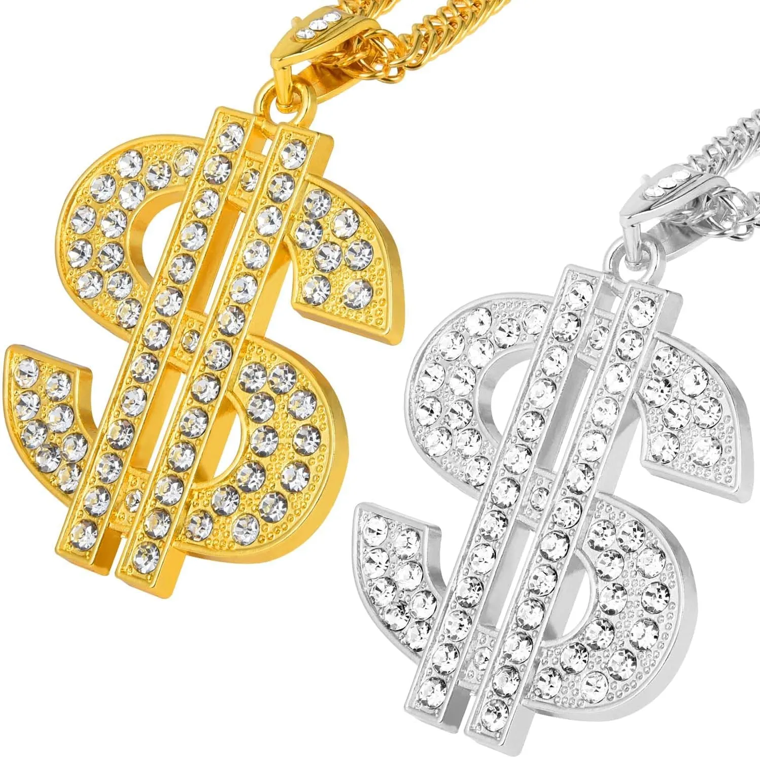OBTANIM 2 Pack Gold Plated Chain with Dollar Sign Pendant Necklace Hip Hop Dollar Necklace for Men