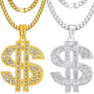 OBTANIM 2 Pack Gold Plated Chain with Dollar Sign Pendant Necklace Hip Hop Dollar Necklace for Men