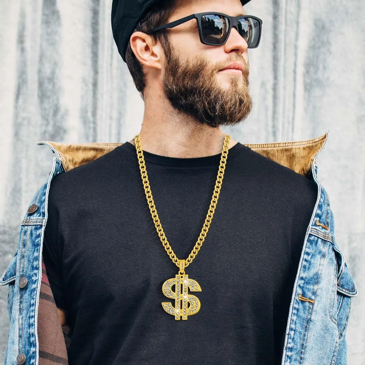 OBTANIM 2 Pack Gold Plated Chain with Dollar Sign Pendant Necklace Hip Hop Dollar Necklace for Men