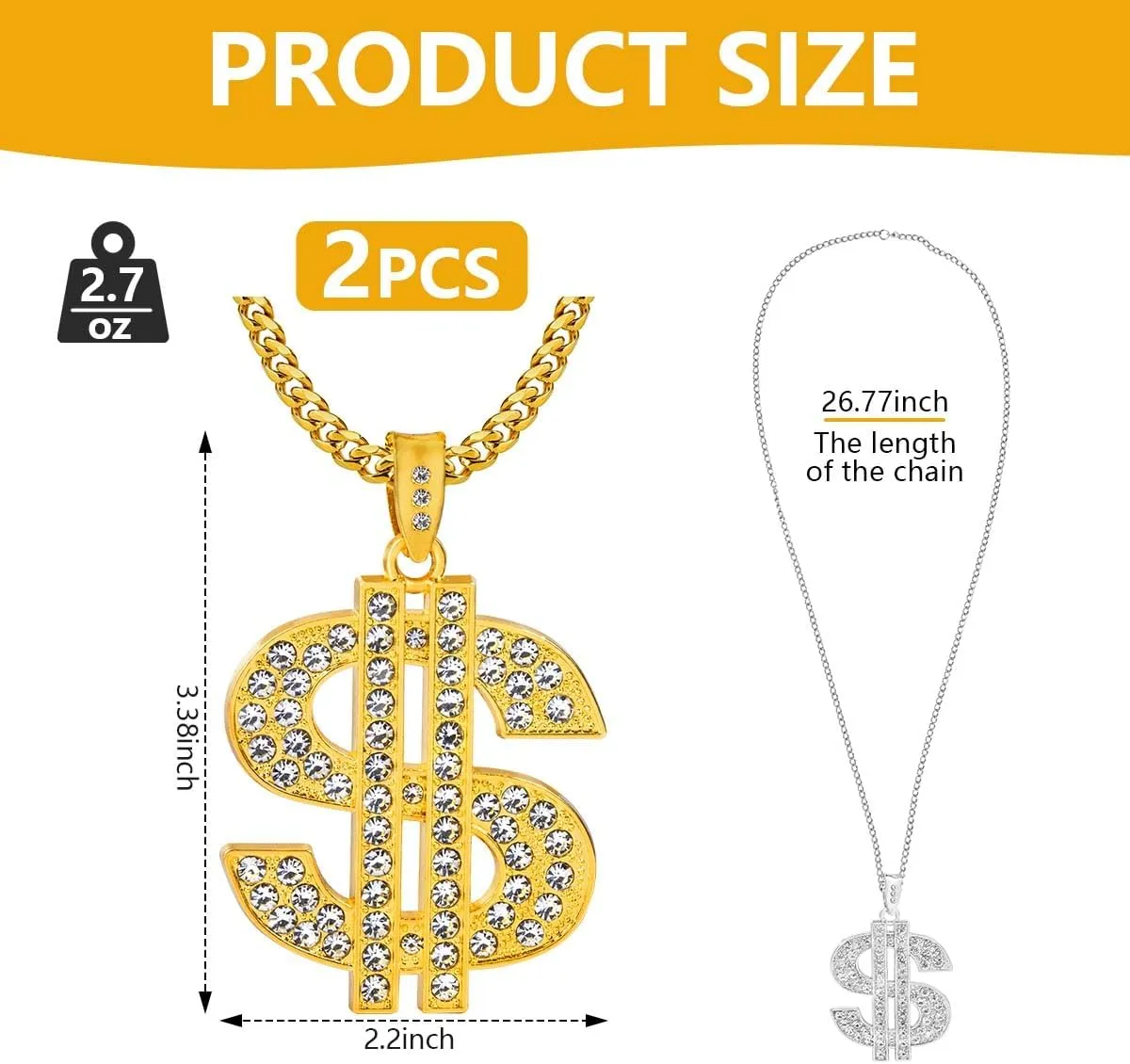 OBTANIM 2 Pack Gold Plated Chain with Dollar Sign Pendant Necklace Hip Hop Dollar Necklace for Men