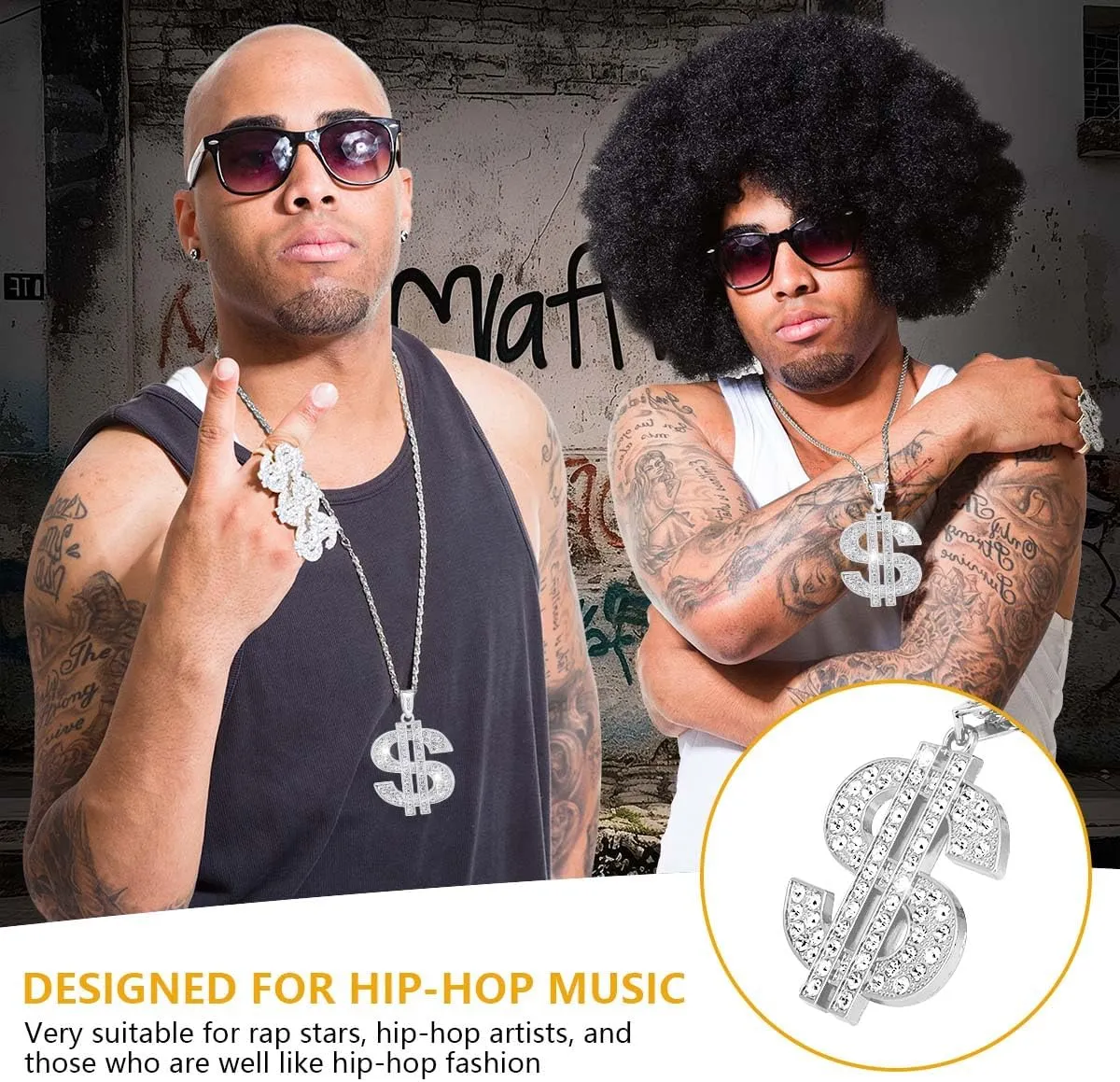 OBTANIM 2 Pack Gold Plated Chain with Dollar Sign Pendant Necklace Hip Hop Dollar Necklace for Men
