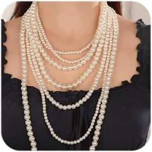 Octwine Boho 7 Layer Pearl Statement Necklace Vintage Earrings 1920s Bridal Wedding Jewelry Shiny Bar Party Prom Accessories for Women and Girls