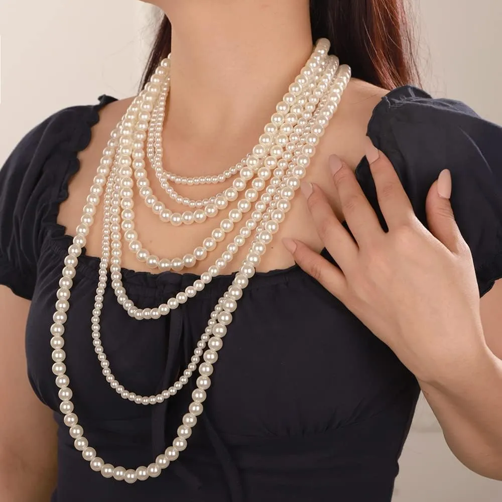 Octwine Boho 7 Layer Pearl Statement Necklace Vintage Earrings 1920s Bridal Wedding Jewelry Shiny Bar Party Prom Accessories for Women and Girls
