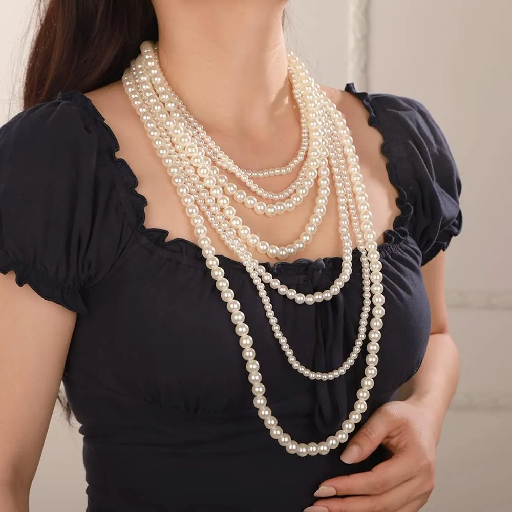 Octwine Boho 7 Layer Pearl Statement Necklace Vintage Earrings 1920s Bridal Wedding Jewelry Shiny Bar Party Prom Accessories for Women and Girls