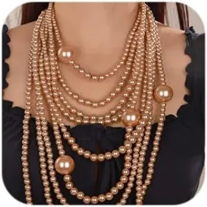 Octwine Boho 7 Layer Pearl Statement Necklace Vintage Earrings 1920s Bridal Wedding Jewelry Shiny Bar Party Prom Accessories for Women and Girls