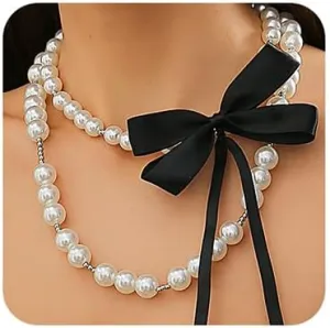 Octwine Boho Round Imitation Black Pearl Layered Choker Necklace Multi Strands Bow Punk Christmas Vintage Shiny Necklace for Women (Black)