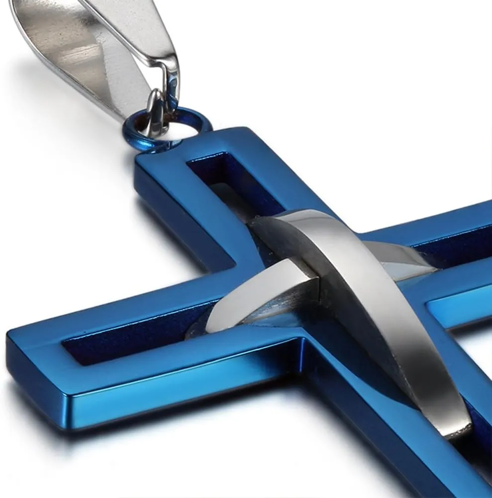 OIDEA Stainless Steel High Polish Hollow Openwork Cross Pendant Necklace for Men Women, Hypoallergenic, Silver, Gold, Black, Blue