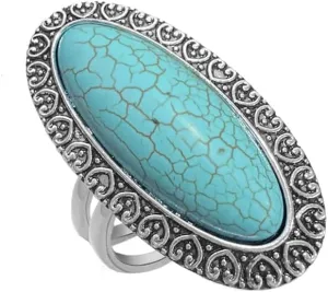 OIDIMS Bohemian Vintage Turquoise Oval Rings Geometric Ethnic Exaggerated Big Adjustable Open Antique Silver Joint Knuckle Rings Western Cowgirl Statement Comfort Fit Jewelry Gift for Women