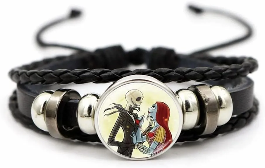 OIDIMS Jack and Sally Nightmare Beaded Adjustable Hand Woven Leather Bracelet Braided Couple Matching Bracelets Promise Engagement Anniversary Birthday Valentine's Day Gifts for Women Men Lover
