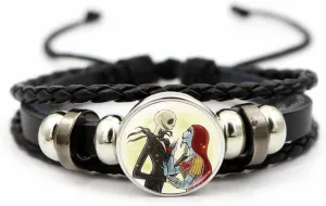 OIDIMS Jack and Sally Nightmare Beaded Adjustable Hand Woven Leather Bracelet Braided Couple Matching Bracelets Promise Engagement Anniversary Birthday Valentine's Day Gifts for Women Men Lover