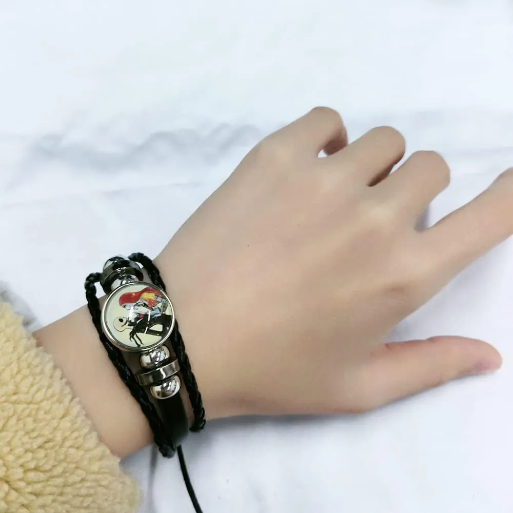 OIDIMS Jack and Sally Nightmare Beaded Adjustable Hand Woven Leather Bracelet Braided Couple Matching Bracelets Promise Engagement Anniversary Birthday Valentine's Day Gifts for Women Men Lover