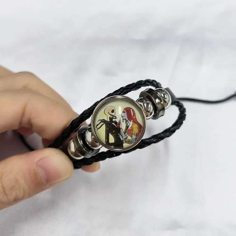OIDIMS Jack and Sally Nightmare Beaded Adjustable Hand Woven Leather Bracelet Braided Couple Matching Bracelets Promise Engagement Anniversary Birthday Valentine's Day Gifts for Women Men Lover