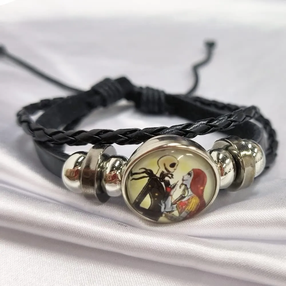 OIDIMS Jack and Sally Nightmare Beaded Adjustable Hand Woven Leather Bracelet Braided Couple Matching Bracelets Promise Engagement Anniversary Birthday Valentine's Day Gifts for Women Men Lover