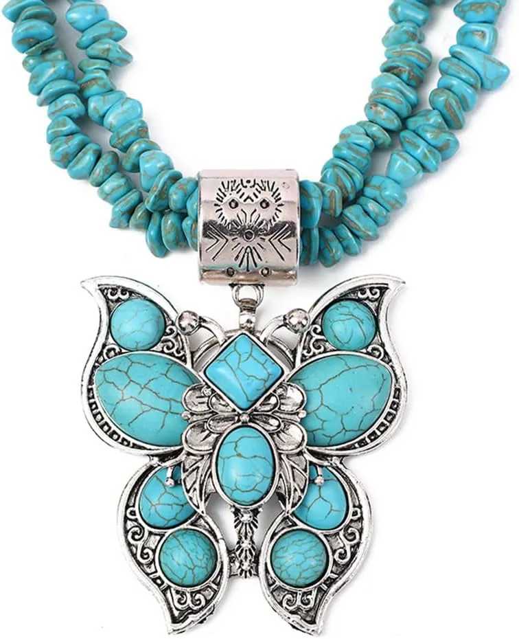 OIDIMS Turquoise Butterfly Layered Necklace for Women Irregular Stone Turquoise Necklace Pendant Choker Antique Native Western Jewelry Bohemian Birthday Summer Holiday Jewelry Gift for Her